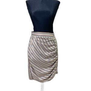 Silk Wrap Mini Skirt women’s Size S Handmade stripes cream brown covered buttons